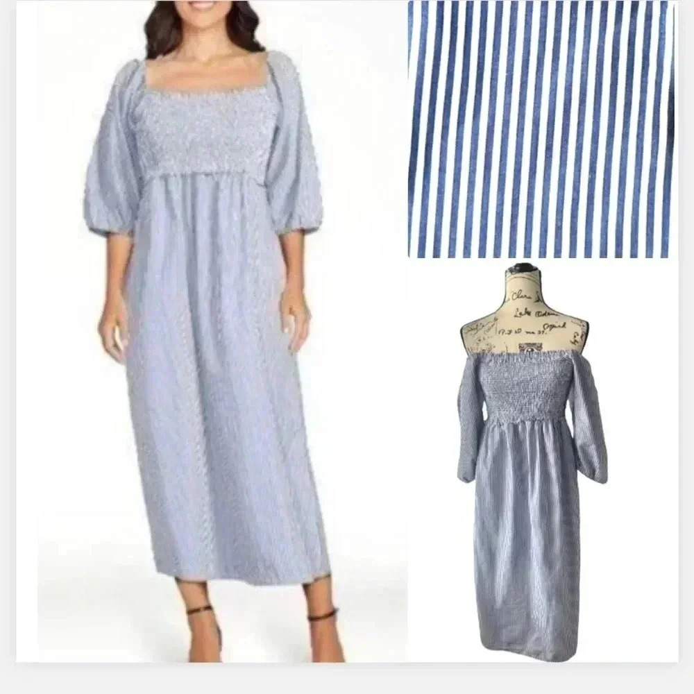 FREE ASSEMBLY COTTAGECORE BLUE AND WHITE STRIPED DRESS SMOCKED STYLE